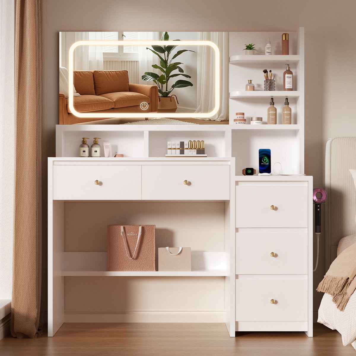 Lexzurn kaptafel met spiegel - 3 standen LED verlichting - 7 open vakken + 5 laden - föhnhook, stopcontacten & USB - 143x115x40 cm - wit - voor slaapkamer en kleedkamer
