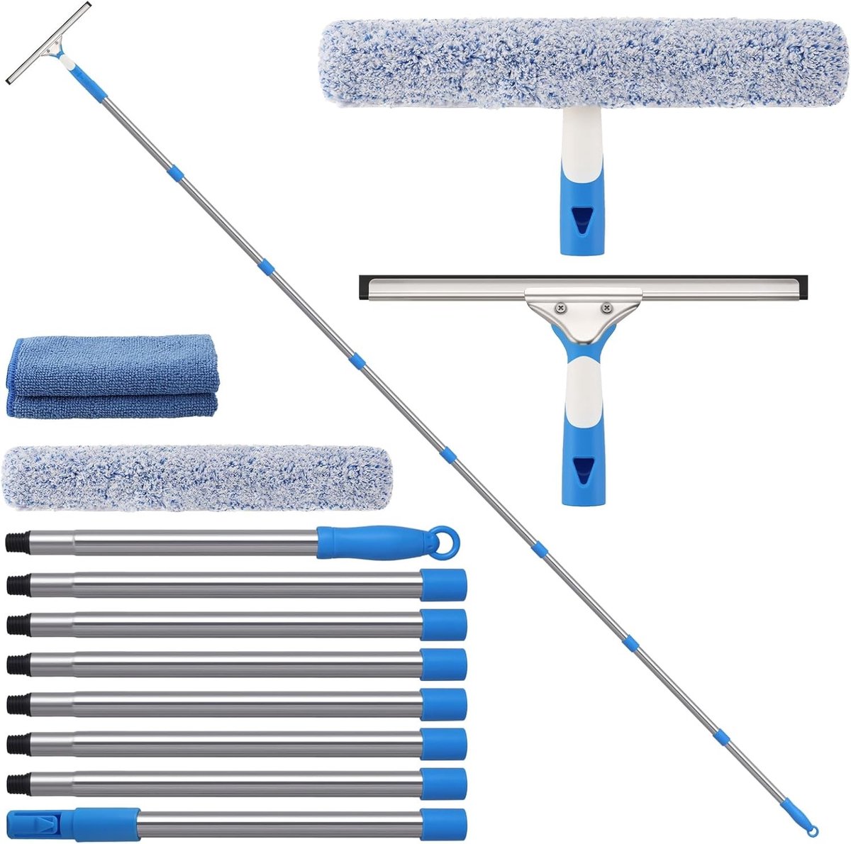 Professionele Ruitenwisser met Uittrekbare Handgreep van 300 cm, Inclusief Siliconen Lip van 35 cm, Microvezelhoes en Doek voor Efficiënte Reiniging van Ramen, Spiegels en Auto's, Geschikt voor Binnen en Buiten