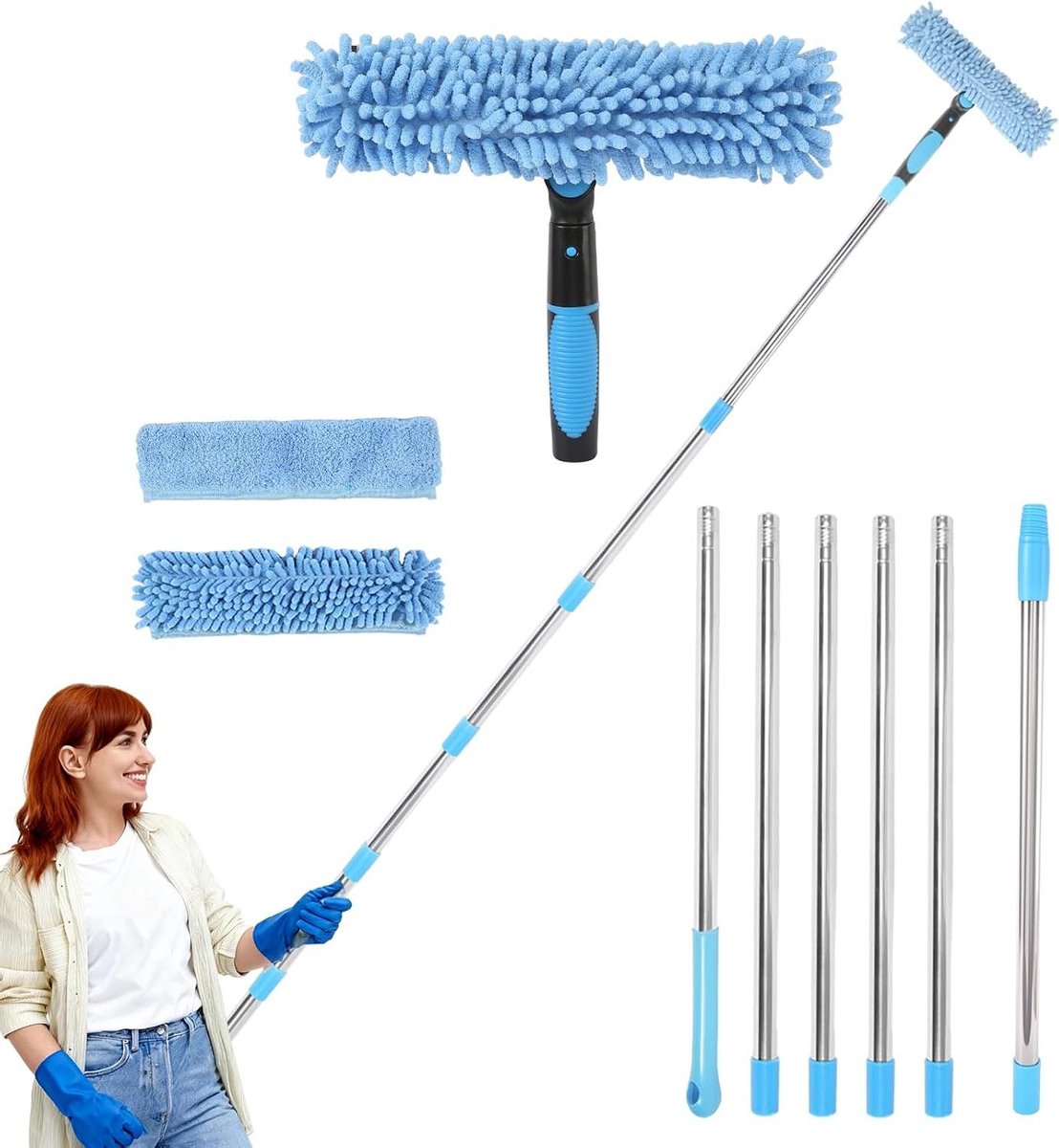 Telescopische raamwisser - Raamreiniger set - Hoge ramen poetsen - 2-in-1 functie - 4 meter lengte - Blauw