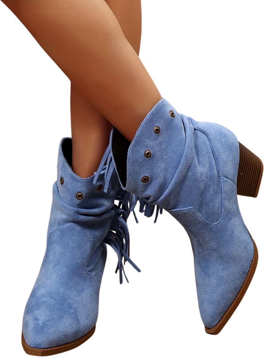 Currero Dames Cowboy Laarzen Hoge Hak Enkellaarzen Kniehoge Western Boots Chelsea 39 5 Blauw