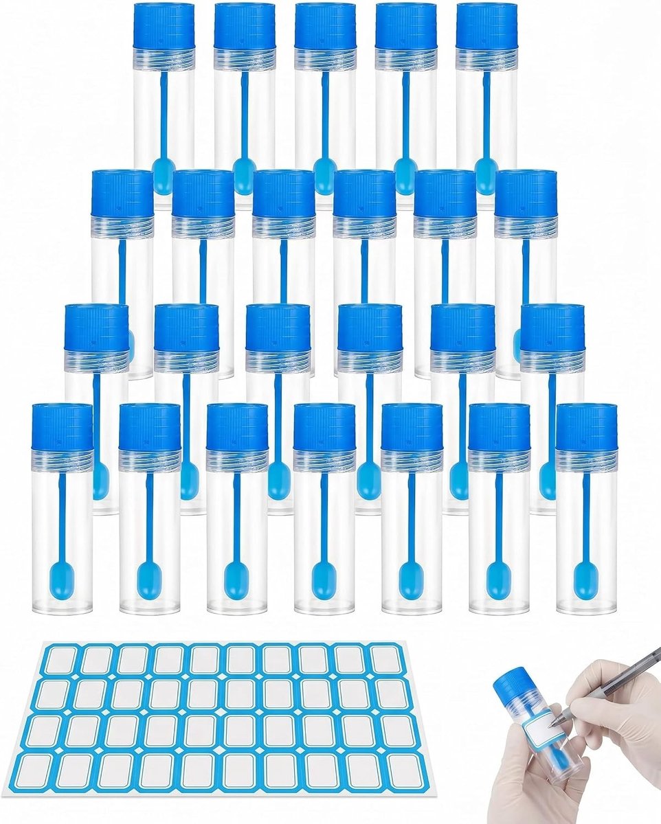 20 Stuks Lekvrije Stoelmonsterbuisjes 15 ml voor Dieren en Mensen, Inclusief 24 Etikettenstickers voor Hygiënische Monsterverwijdering