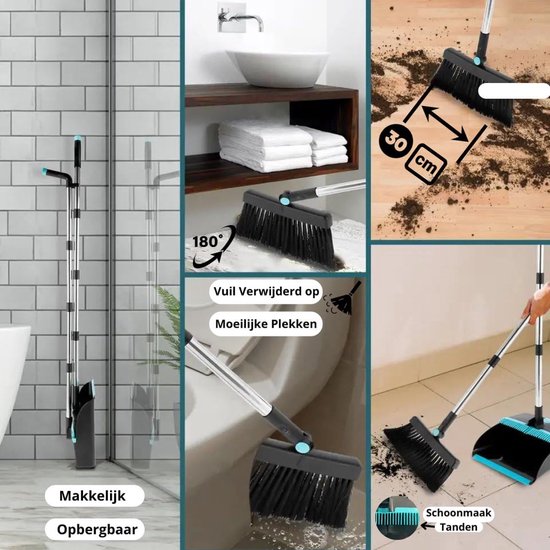 Stoffer en Blik - Stofpan Veger - Efficiënt Schoonmaken - Lange Steel - 121 cm - Zwart Blauw — afbeelding 3