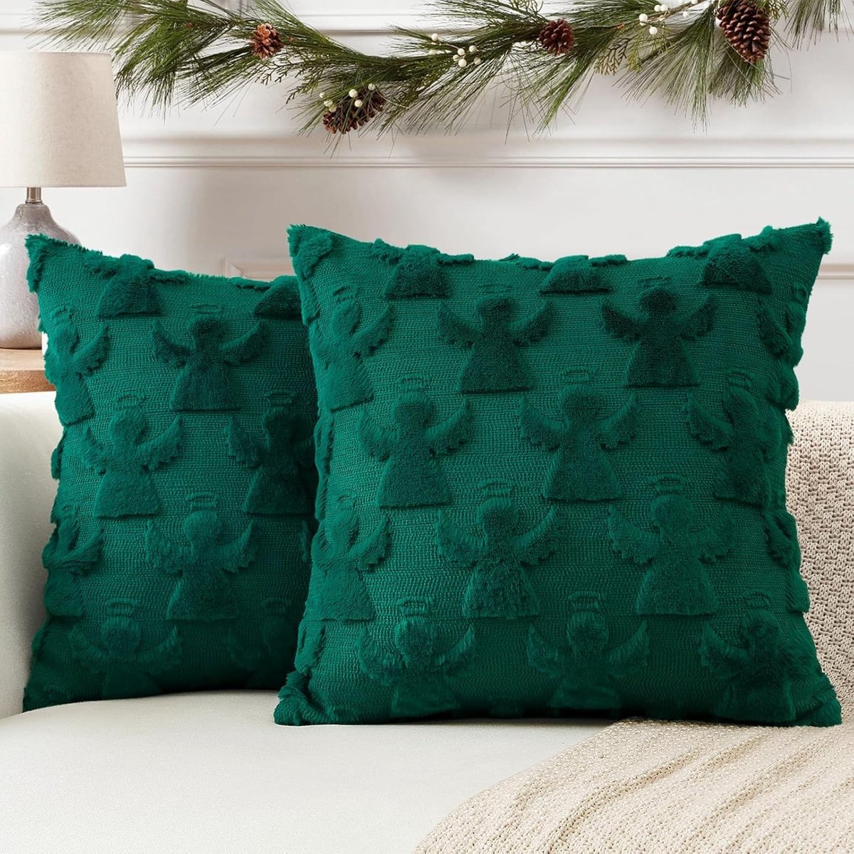 Zachte Pluche Wol Korte Velours Decoratieve Kussenhoezen voor Kerstmis Luxe Stijl 45x45cm - Groene Engelen voor Bank en Slaapkamer