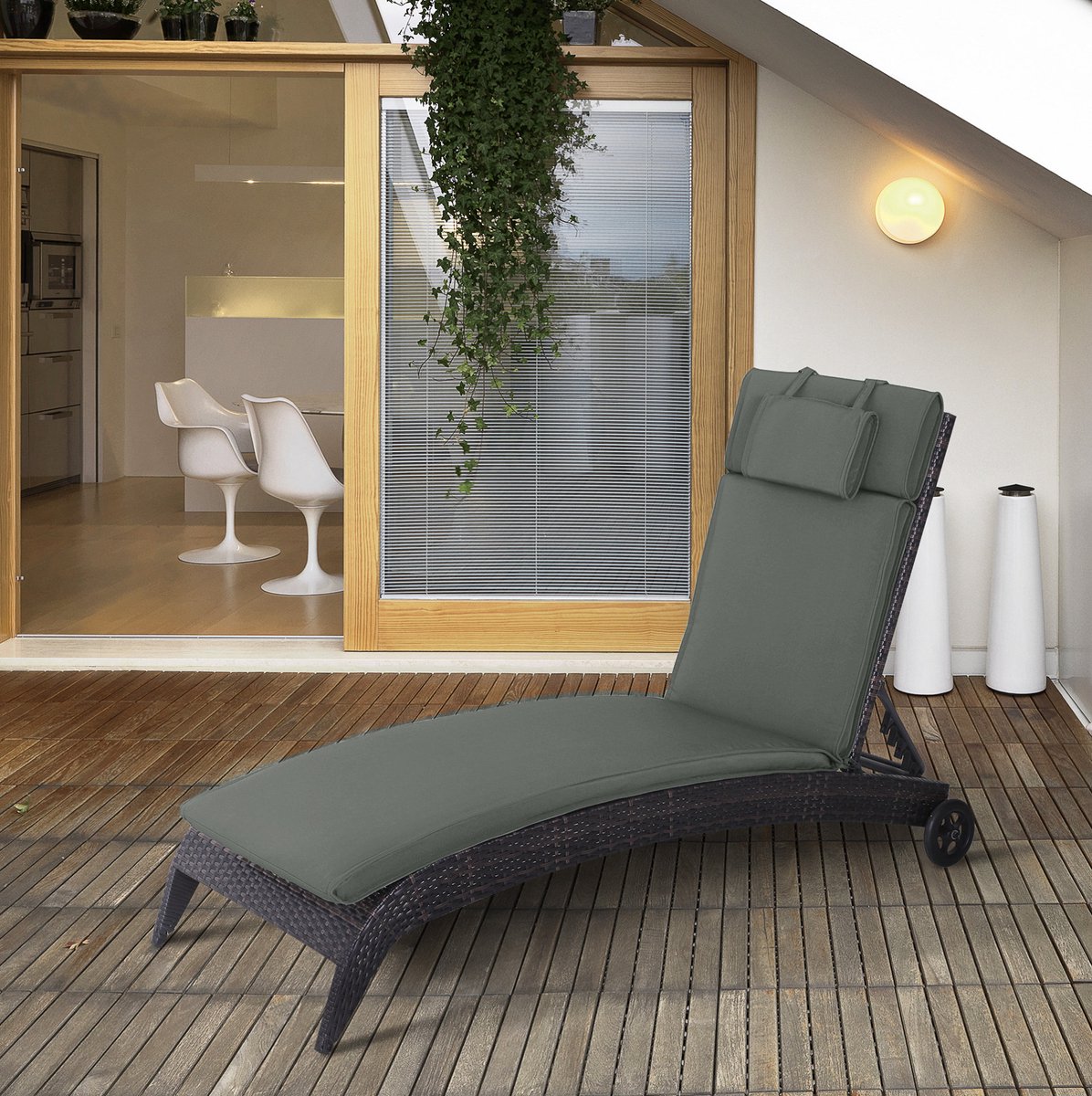 REDOM - Ligbedkussen - Met afneembaar hoofdkussen - 5 cm dikke vulling - Afneembare hoes met verborgen rits - Voor binnen en buiten - Polyester - Grijs - 198 x 53 x 5 cm