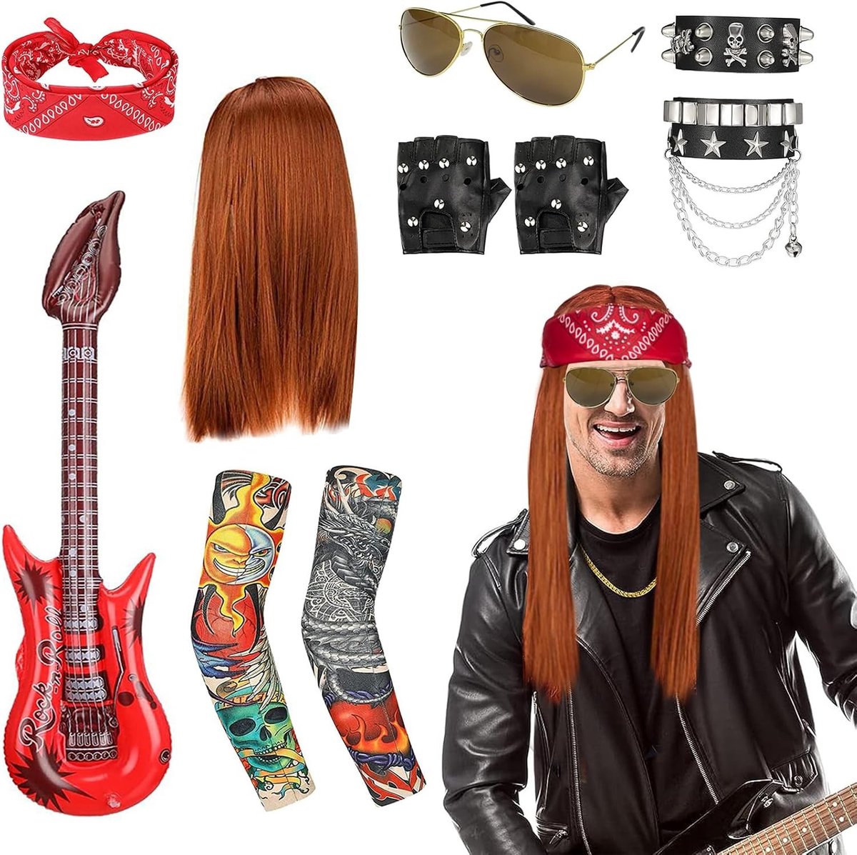 80s 90s Hip Hop Kostuum voor Mannen - Punk Disco Outfit met Rok, Sterperruque en Accessoires voor Feestjes