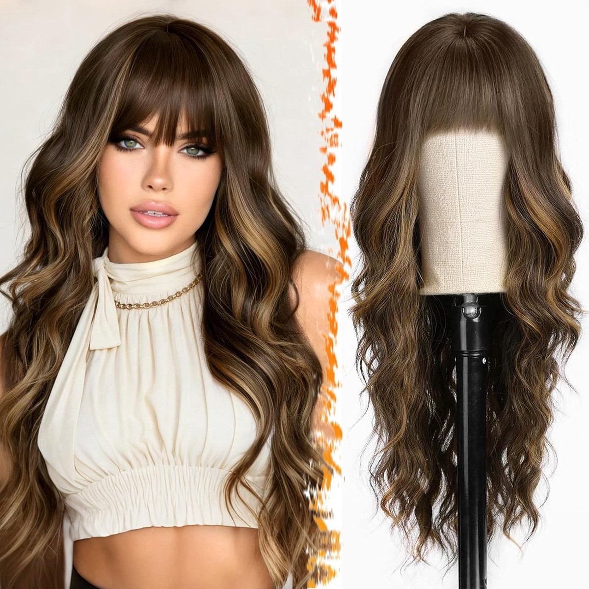 Langgolvende Haarstuk met Pony, 66 cm Lange Bruin-Blonde Mix, Dikke Natuurlijke Look, Perfect voor Dagelijks Gebruik en Halloween Feestjes