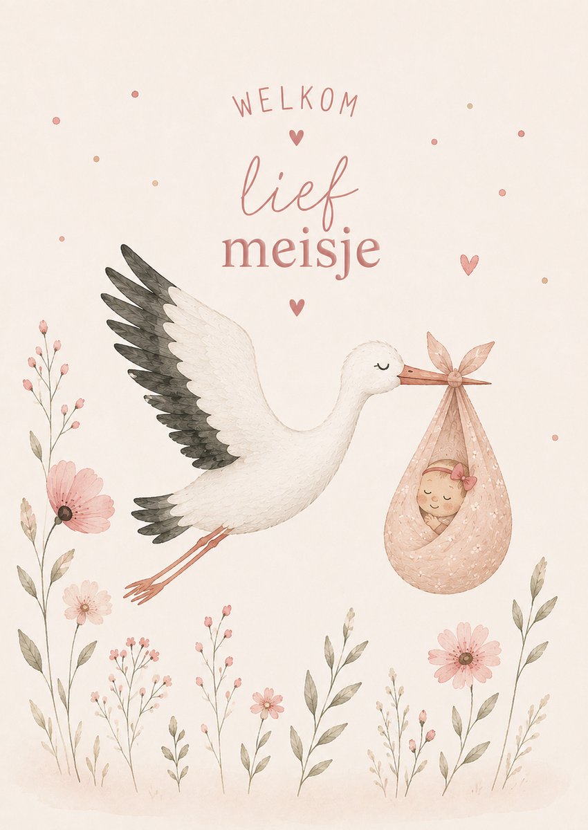 Kaart ooievaar - Roze Beige - A6