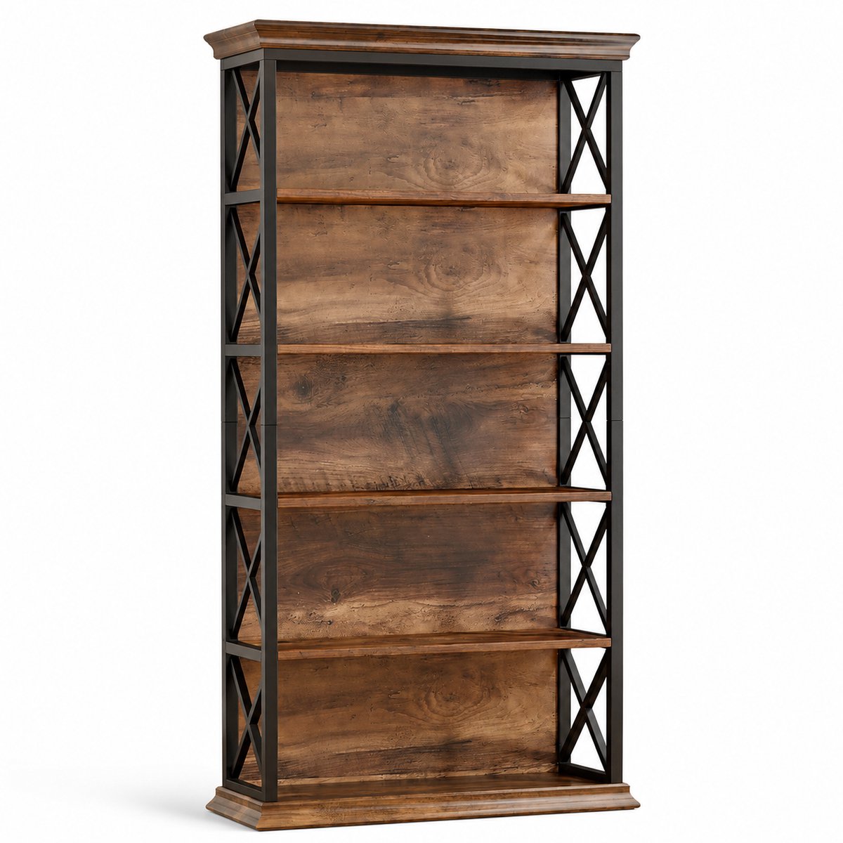 DMG Supply Boekenkast met Achterwand - 5 Open Vakken - 83 x 32 x 180 cm - Bruin/Zwart - MDF en Metaal