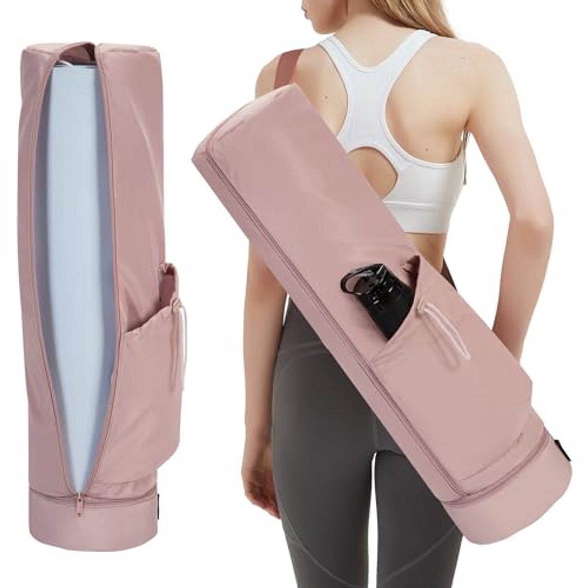 Grote Yogamat Tas met Draagriem, Flessenvak en Natvak, Volledige Rits, Geschikt voor Dikke Yogamat en Pilatesmat, Zwart