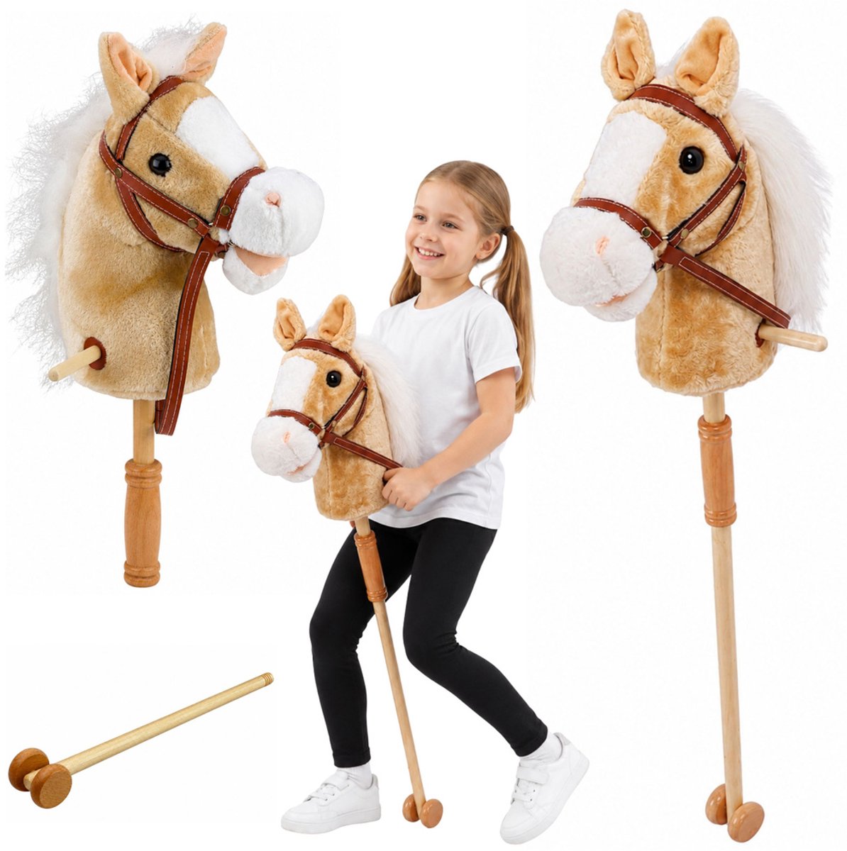 Playos® - Stokpaard op Wielen - Lichtbruin - met Geluid - 100 cm - Pluche Speelgoed - Hobby Horse - Stokpaardje - Eenhoorn