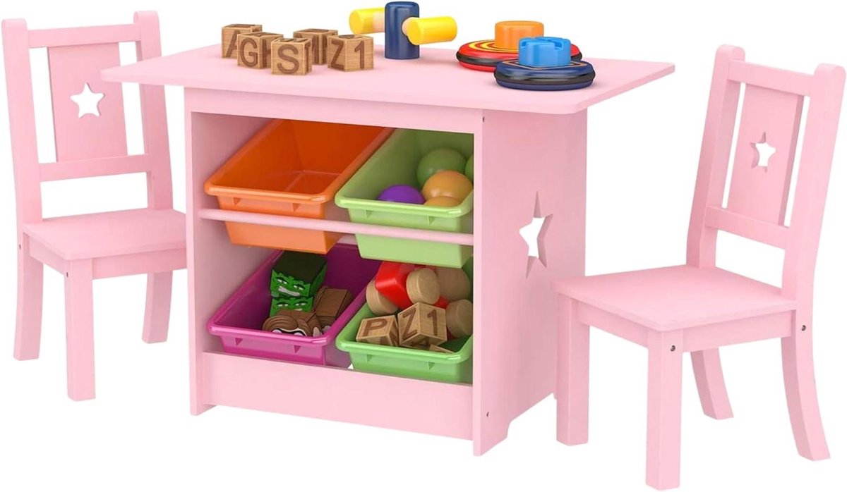 Kinder Tafel Stoel - Speeltafel Set - Spelen Knutselen - Met Opbergvakken - 52x75x46cm - Roze