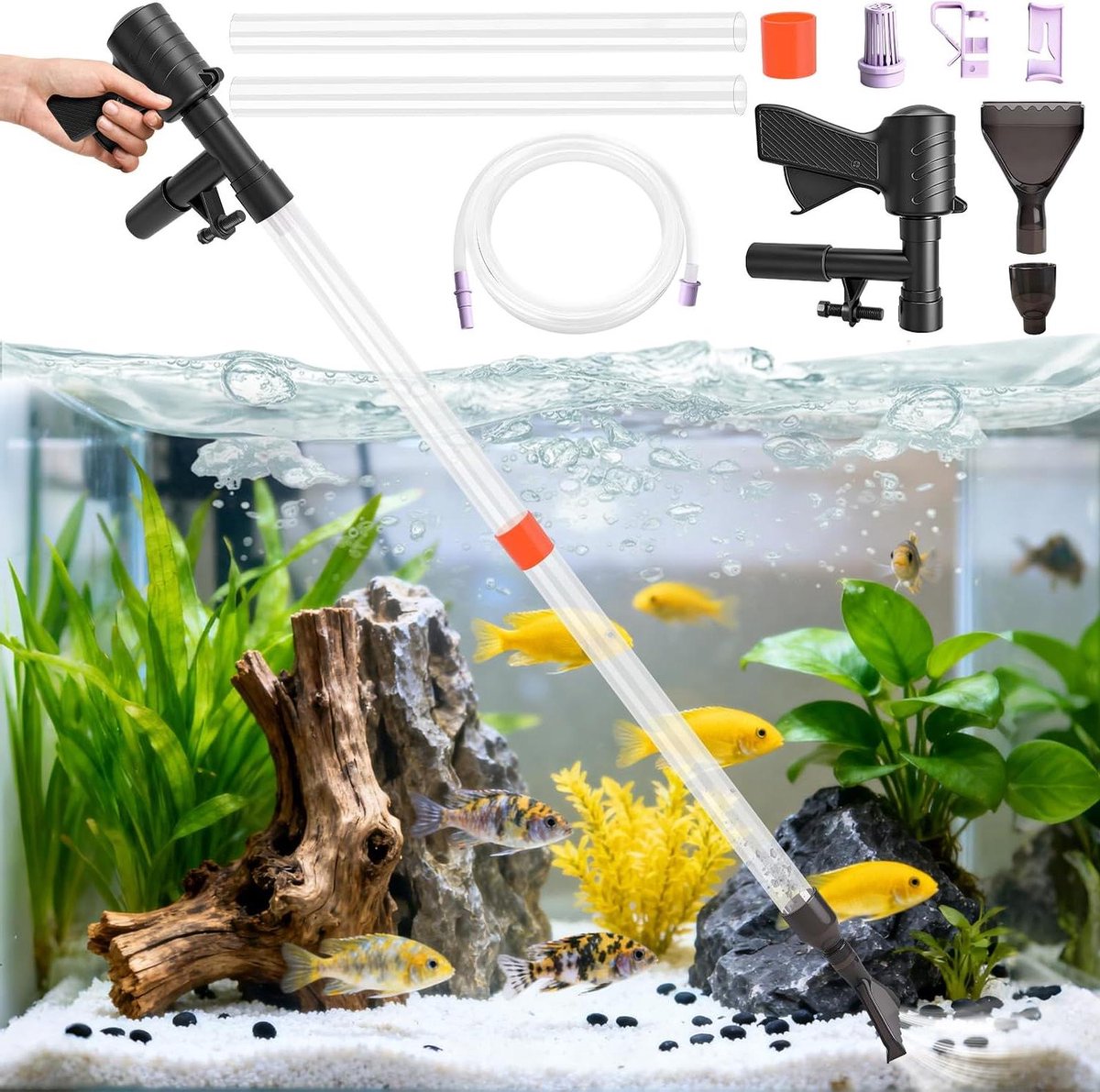 Aquarium Reiniger - Waterwisselaar Kit - Aquarium Onderhoud - 4-in-1 Multifunctioneel - 2m Slang - Zwart