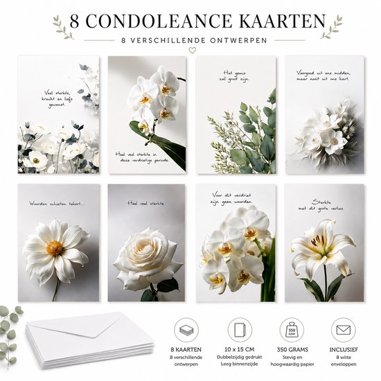 Collage van acht condoleancekaarten met bloemen en tekst. Onderin de kaarten, enveloppen en productinformatie.