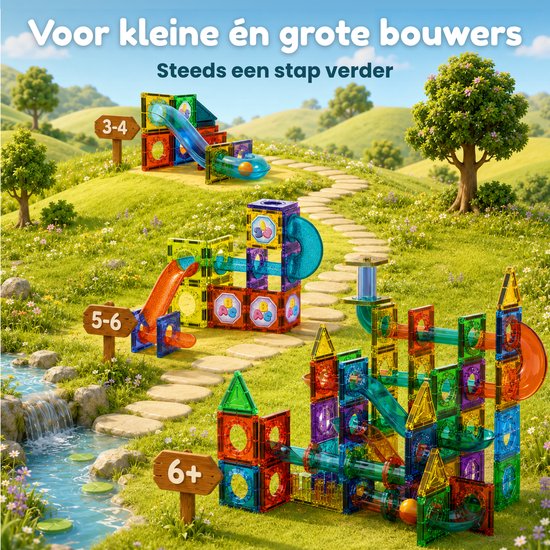 Knikkerbanen van magnetische tegels, met glijbanen en verschillende leeftijdsindicaties, in een groene, heuvelachtige buitenomgeving.