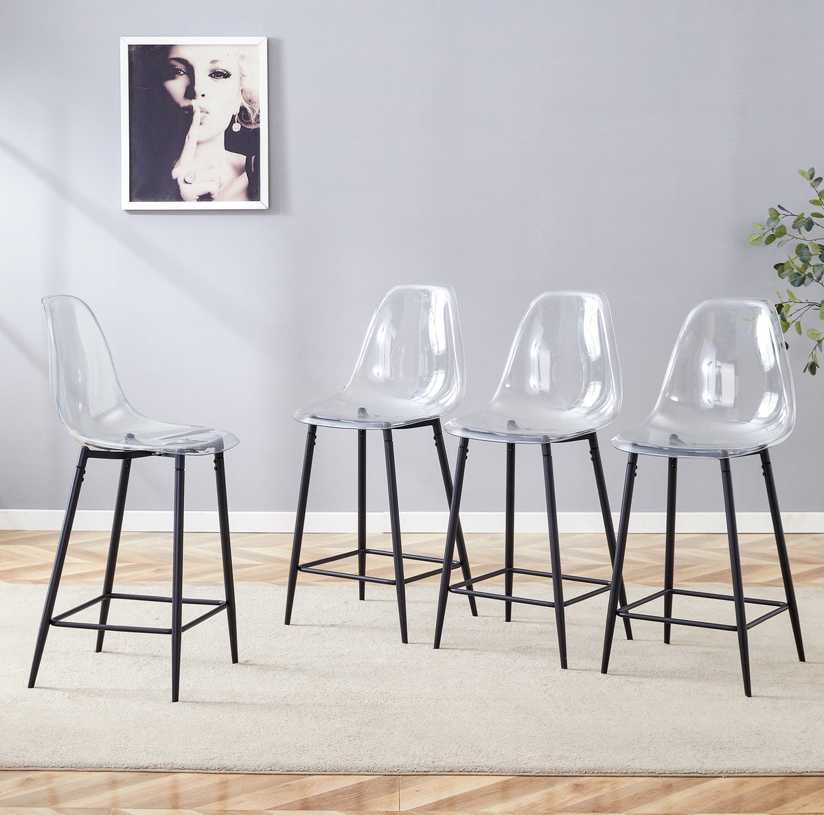 MIVRAY Barkruk Set van 4 - Transparante Kunststof Zitting Met Rugleuning En Voetensteun - Voor Keuken En Bar - Metaal - Zwart