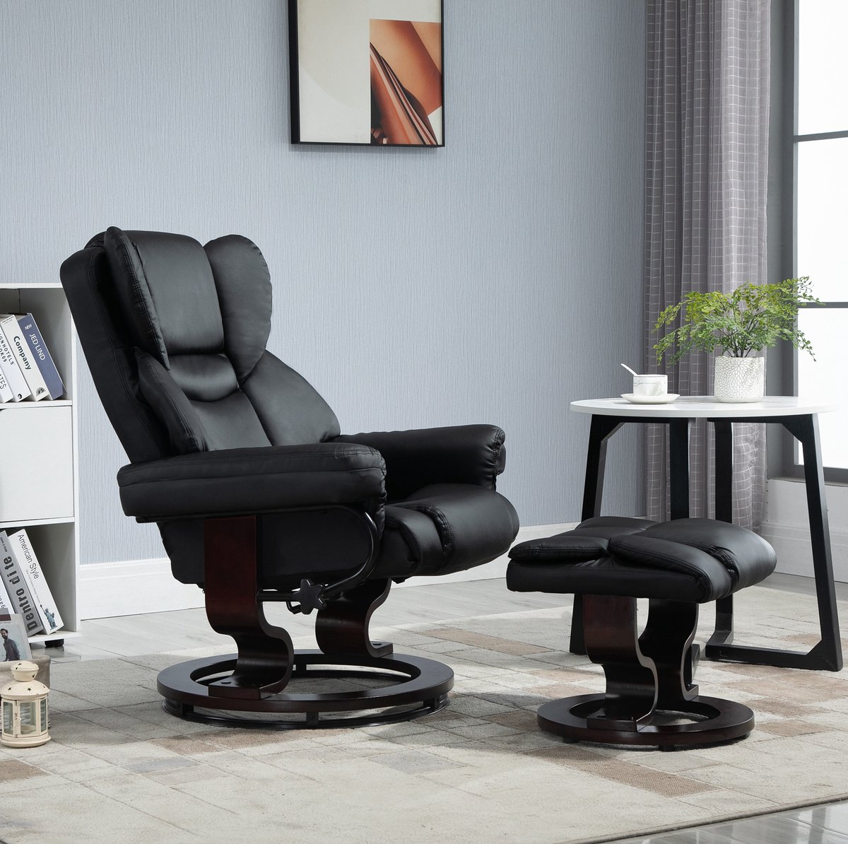 REDOM - Relaxfauteuil met hocker - 360° draaibaar - Handmatige liegefunctie - Kunstleer - Woonkamer - Metaal en hout - Zwart - 80 x 79 x 100 cm