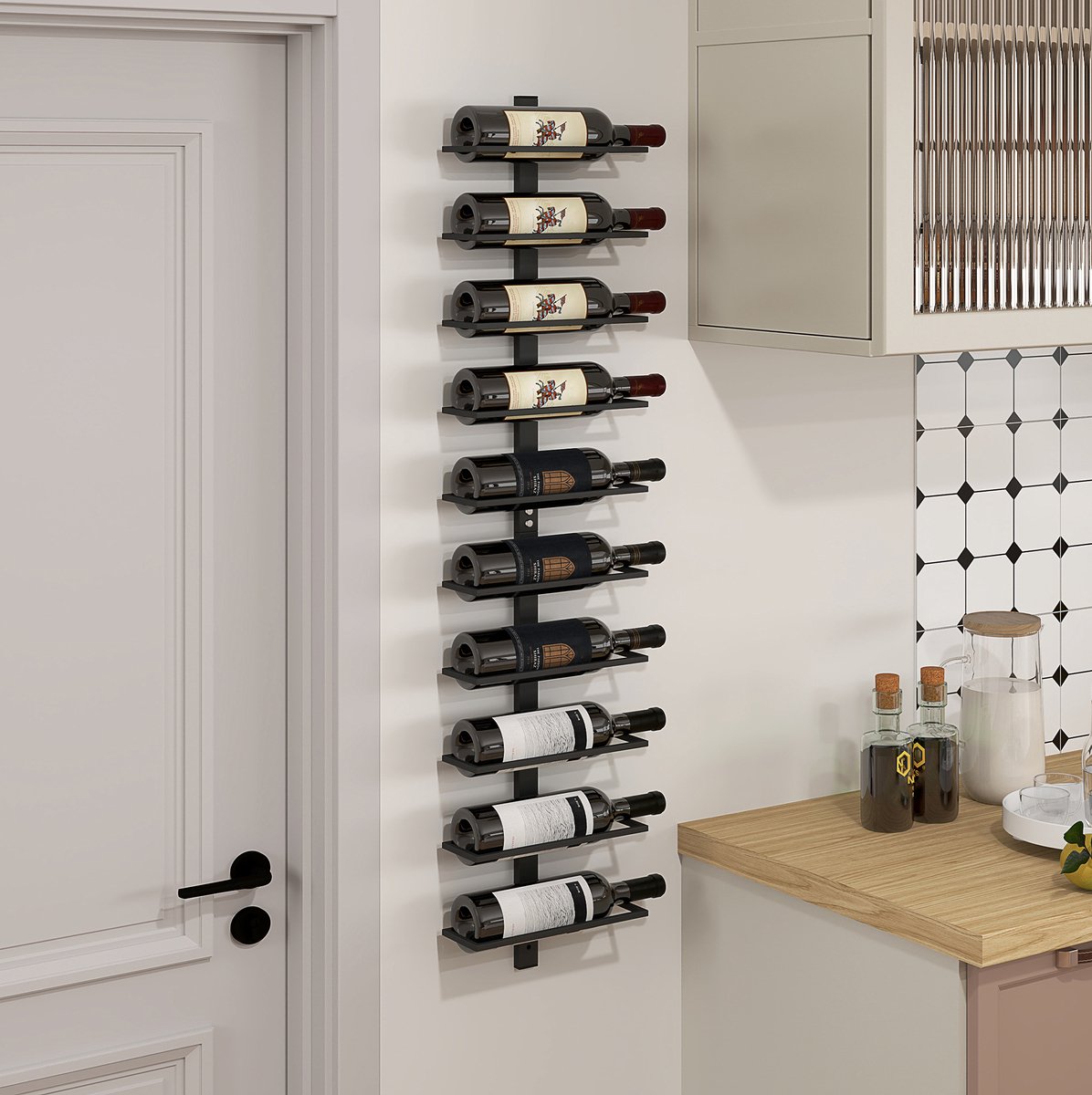 REDOM - Wandgemonteerd wijnrek voor 10 flessen - Horizontale opslag - Ruimtebesparende wandmontage - Stalen constructie - Keuken en woonkamer - Zwart - 27 x 10 x 116 cm