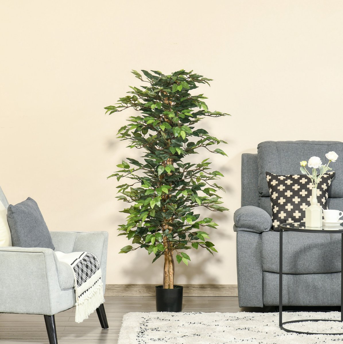 REDOM - Kunstplant - Kunstmatige Ficusboom - 150 cm - 1008 bladeren - Voor binnen & buiten - Kunststof - Groen - Zwarte plantenpot
