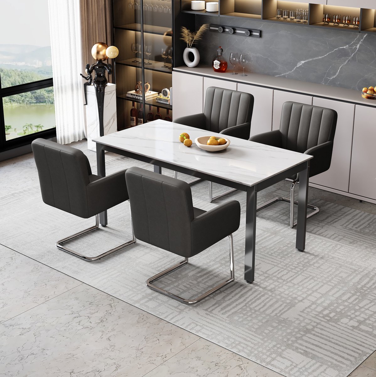 MIVRAY Eetkamerstoel Set Van 4 - Moderne Armstoel Met Verticale Strepen En Metalen Poten - Voor Eetkamer En Woonkamer - Kunstleer - Zwart