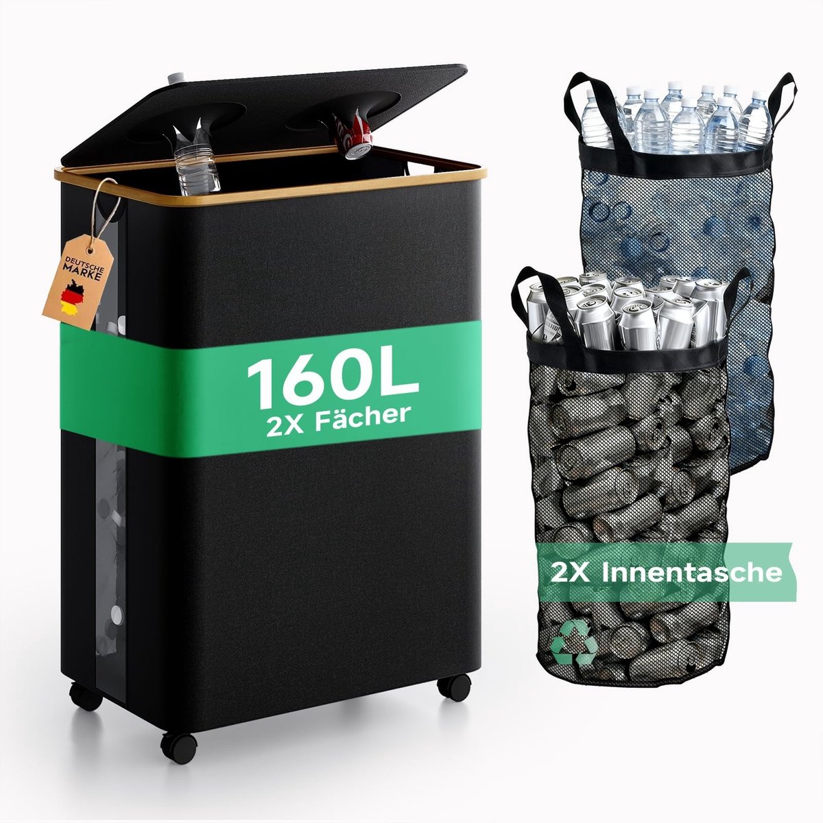 Elzusha - Multifunctionele Afvalbak - 160 Liter met Deksel - Zwart