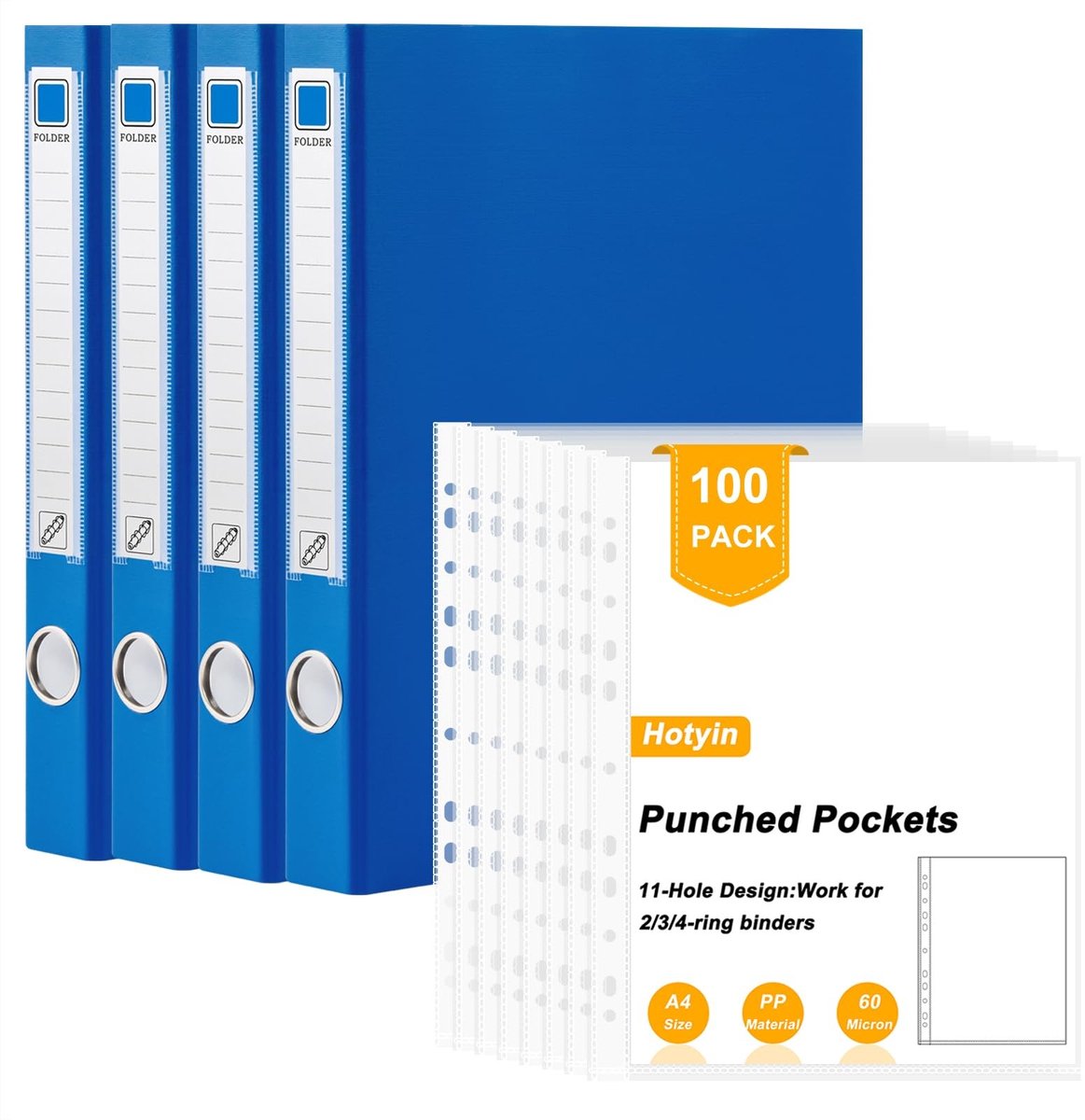 Elzusha - 4-Pack Ringmappen met 100 Geperforeerde Zakken A4