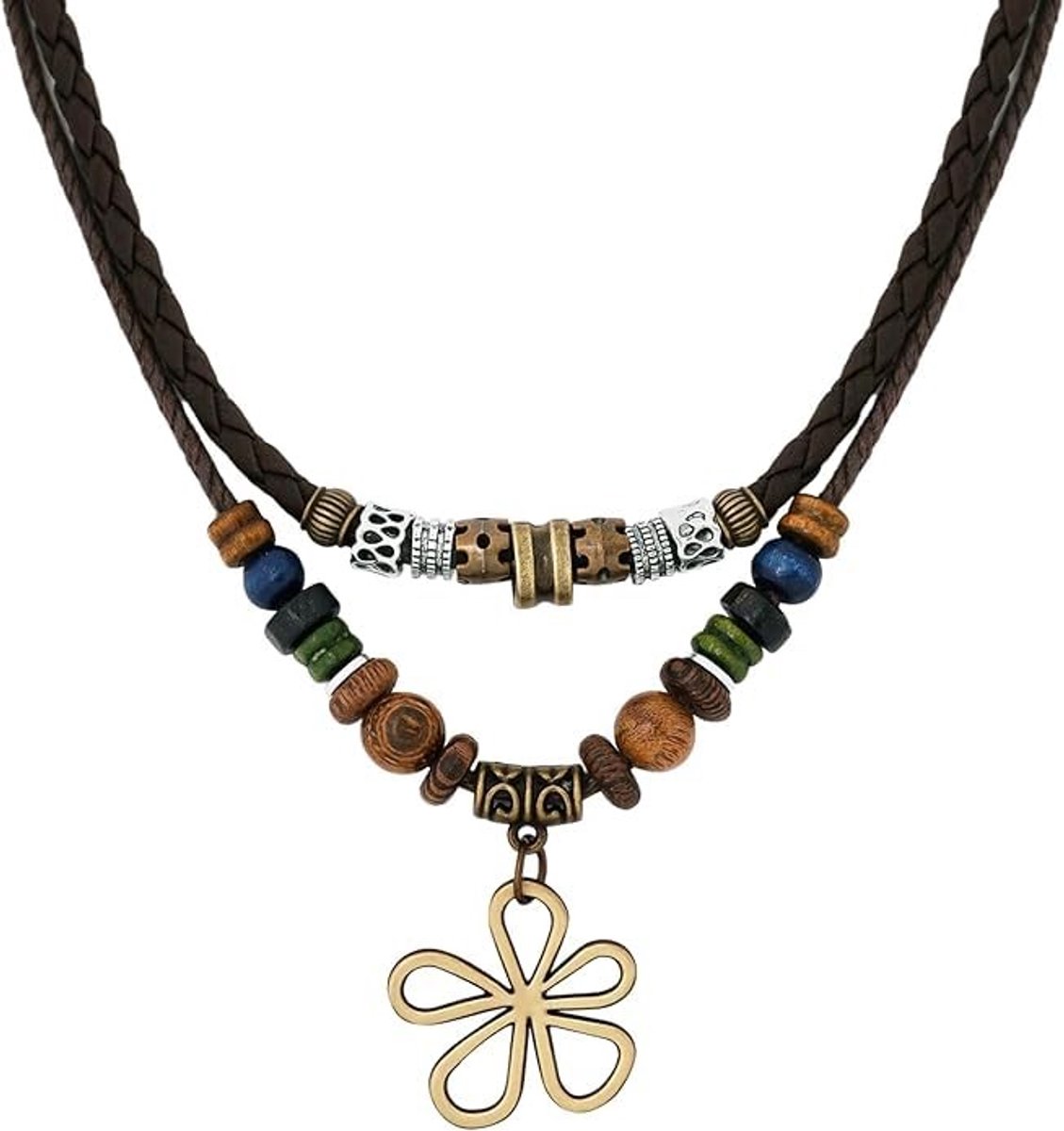 Elzusha - Bohemian Gelaagde Houten Kralen Halsketting met Vlinderhanger