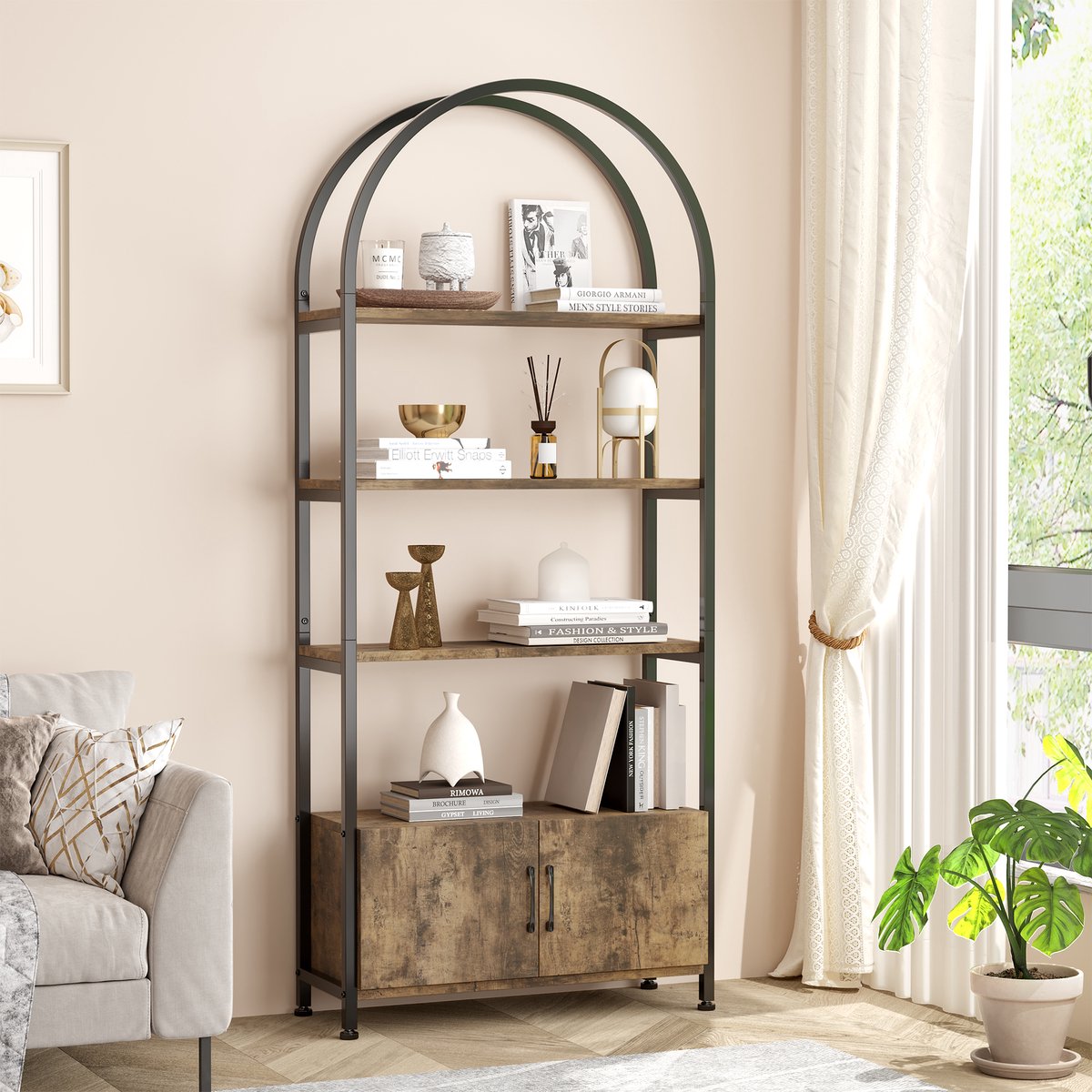 Boekenkast 4 Lagen met Opbergkast - 80x28x180cm - Boogvormige Boekenkast - Metalen Frame - Hoog Boekenrek - Voor Woonkamer Kantoor - Bruin