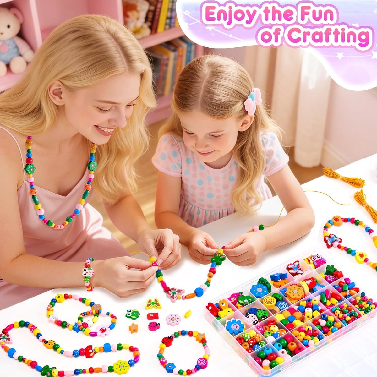 Sieradenset voor Meisjes met Houten Kralen - Met Sieradendoosje - DIY Sieraden Maken voor Kinderen - Knutselset voor Armband & Ketting - Complete Bedelarmband Kit - Doe-het-zelf Kindersieraden - Voo 4-10 Jaar - Creatief Speelgoed — cadeau in Spellen & Speelgoed - foto 3
