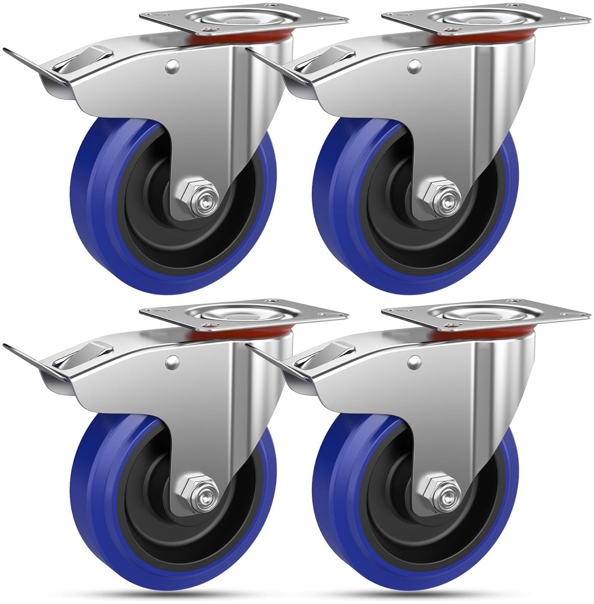 Zware Rubber Zwenkwielen 100 mm Set van 4 met Rem, Ideaal voor Meubels en Transport tot 200 kg, 360 Graden Beweging, Geschikt voor Binnen en Buiten Gebruik