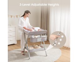 Inklapbare Verzorgingstafel - Aankleedtafel Baby - Babyverzorging Thuis - Met Wielen - Tot 15 kg - Grijs