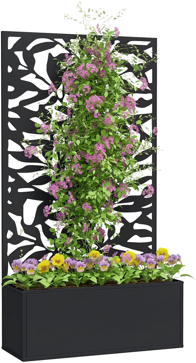 Metalen Plantenbak met Klimrek en Privacyscherm Zwart 61x23x113 cm