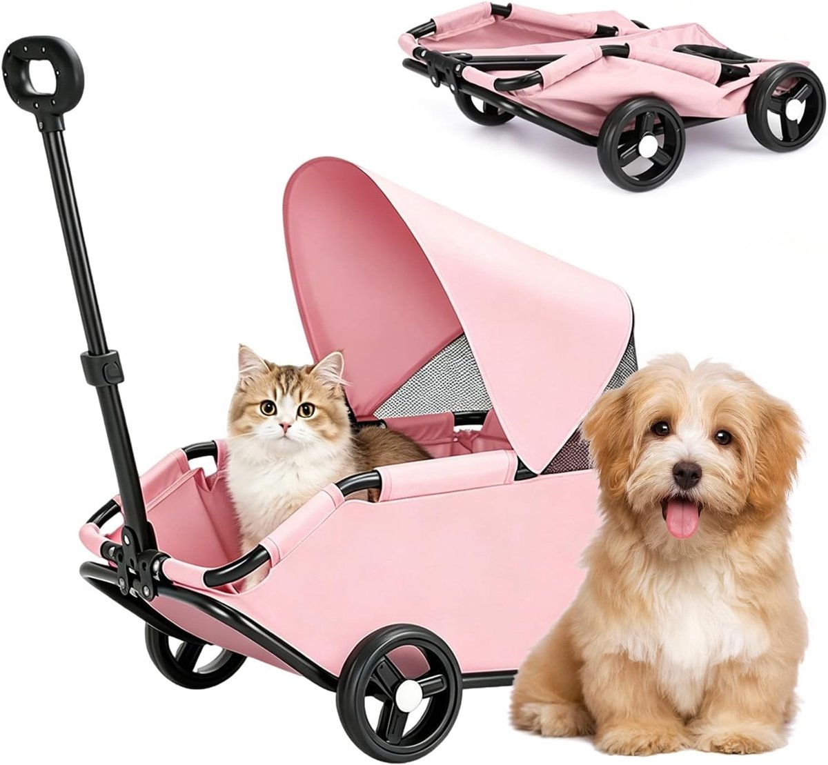 Vouwbare Hondenbuggy met 4 Wielen, 360° Draaibare Trekstang en Zonnescherm, Ideaal voor Kleine Honden en Huisdieren