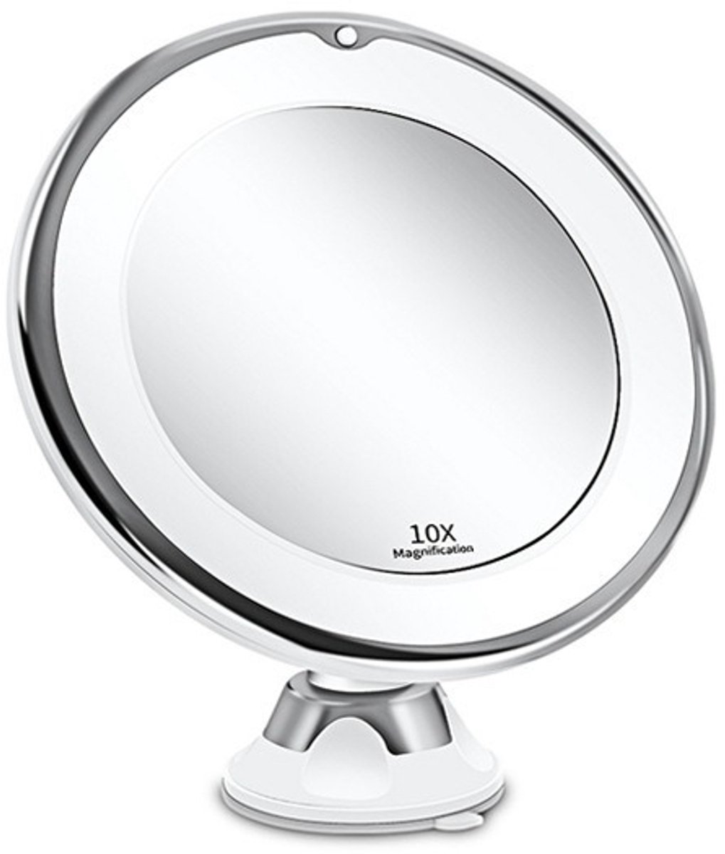 Make-Upspiegel Met 10x Vergroting En LED-Verlichting – Draagbare Make-Upspiegel Voor Op Reis – 360° Draaibare Make-Upspiegel – Natuurlijk Licht – Bediening Met Knoppen – Eenvoudig Te Vergrendelen Zuignap – Werkt Op Batterijen