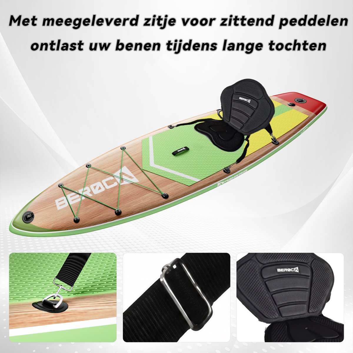 BEROCA SUP Board - met Zitje - Sup Board Opblaasbaar - Complete Set - 320x81cm - Max. 160 kg - Houtnerf Geel – foto 2