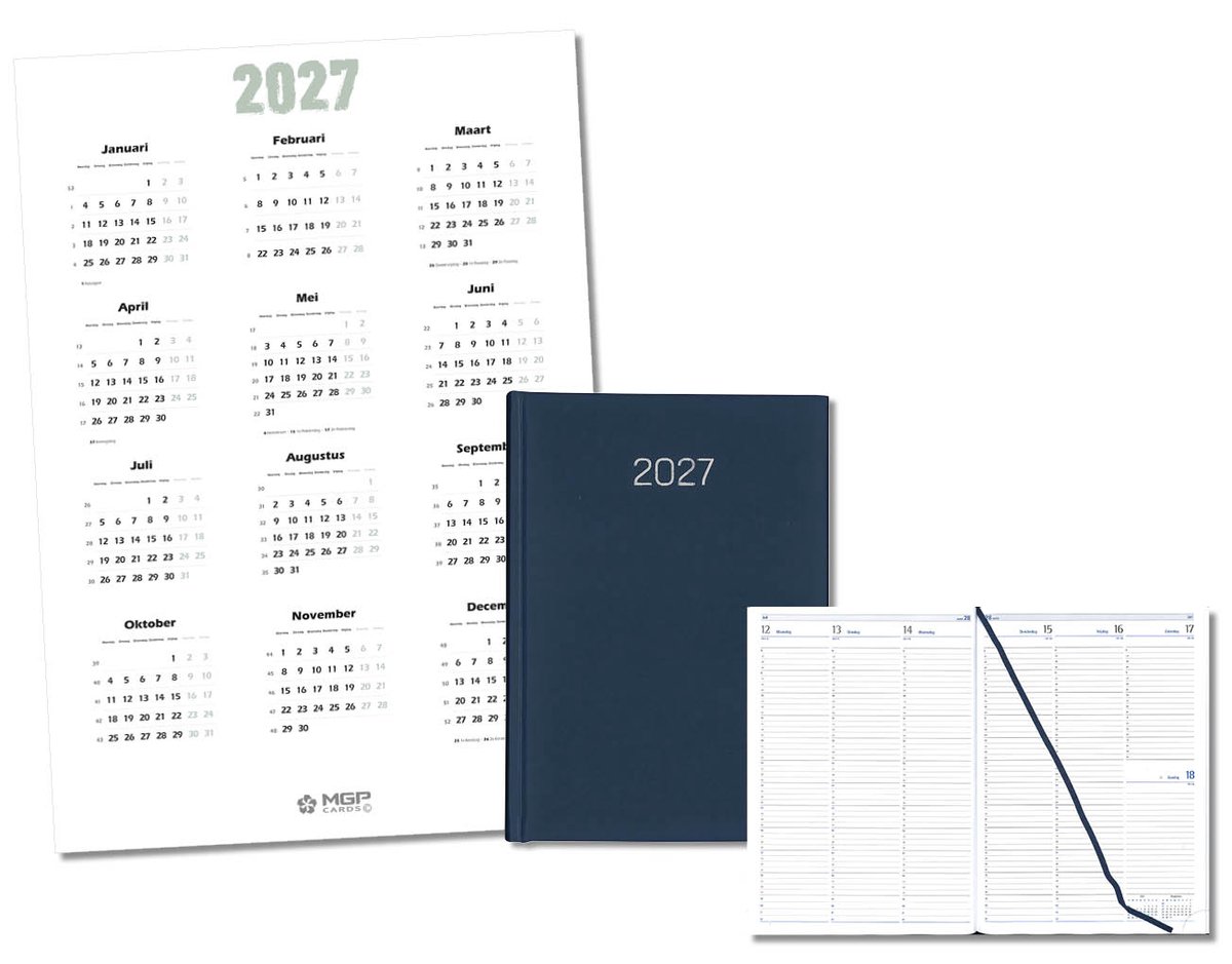 MGPcards - Bureau Week-agenda 2027 - H46 - A4 - 1 week 2 pagina's - Nederlandstalig - Gewatteerde omslag - 21 x 30 cm - Mat Donkerblauw + Jaar kalender - Kalender 2027 - Wandplanner - Jaarplanner - Grote planner - A2 formaat - Poster - 42 x 59,4 cm
