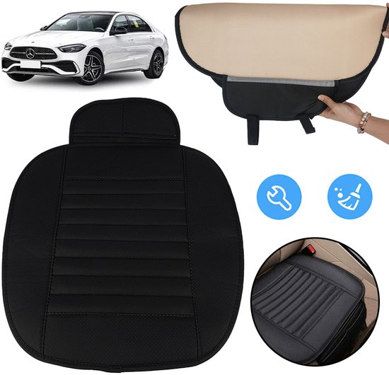 Zwarte autostoelhoes met gestreepte vulling, getoond met een witte Mercedes en een beige en zwarte hoes.