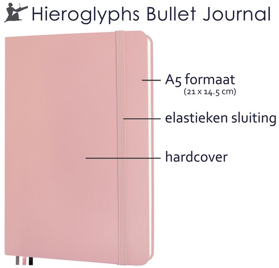 Roze A5 bullet journal met hardcover en elastieken sluiting.
