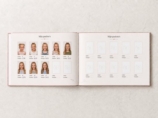 Dubbele pagina met pasfoto's van meisjes van verschillende leeftijden en schooljaren. Rechts lege sjablonen voor pasfoto's en ruimte om leeftijd en schooljaar in te vullen.