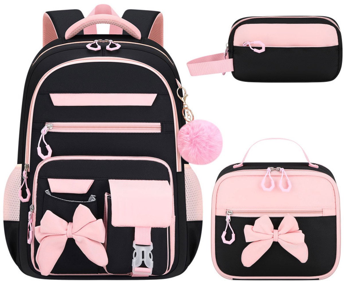 Schooltas voor meisjes - 3-delige schooltasset voor kinderen - grote capaciteit - met lunchtas en etui - schattige vlinder schooltas - Oxford-stof - geschikt voor basisschool- en middelbare scholieren - 30*10*45 cm - zwart en roze