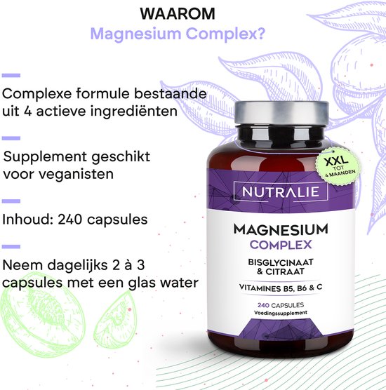 Bruine fles Nutralie Magnesium Complex met paars etiket. XXL 240 capsules voor 4 maanden. Bevat magnesiumbisglycinaat, citraat, vitamines B5, B6 & C.