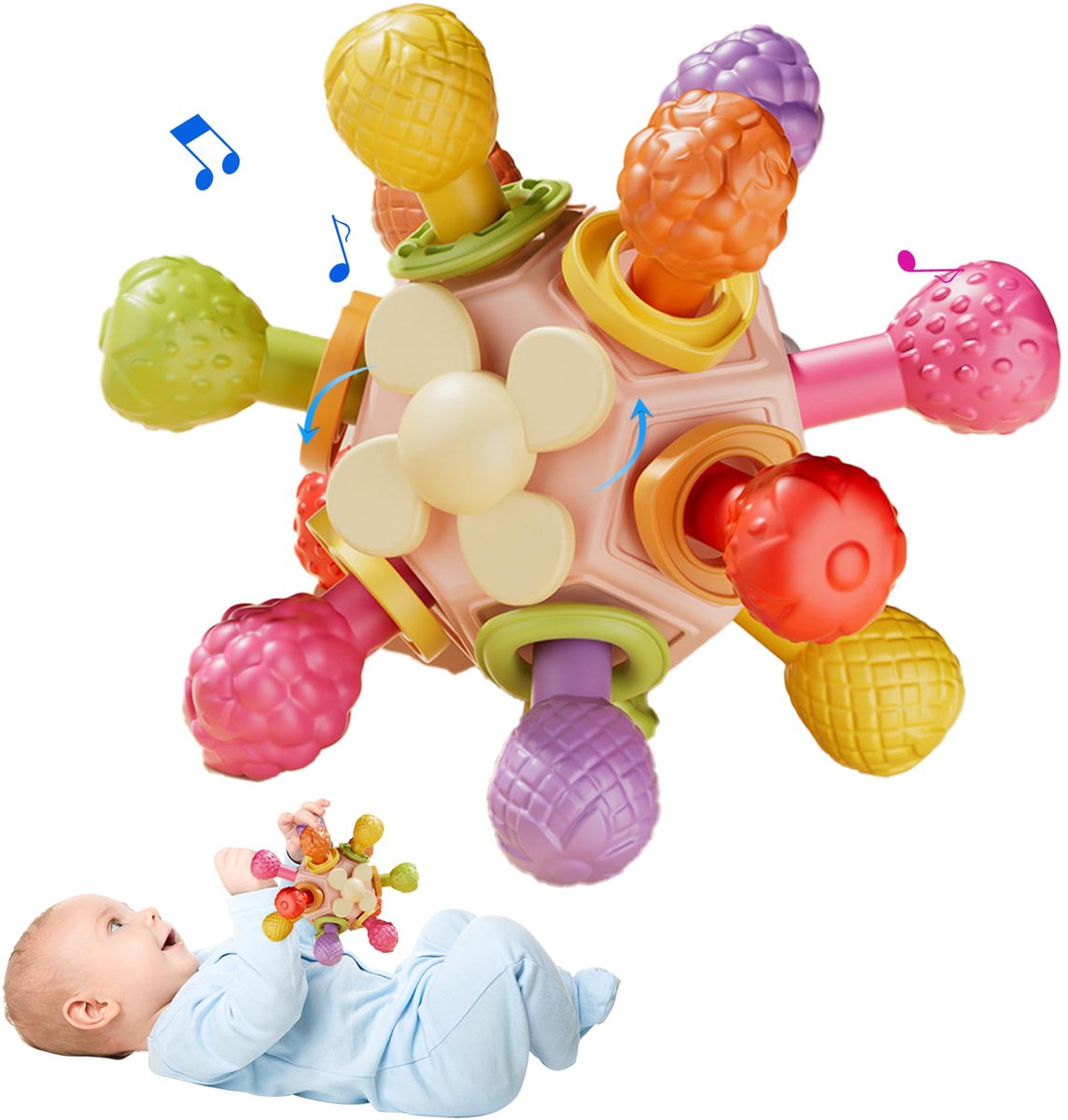 VONKELIOS® Bijt- en rammelspeelgoed, sensorisch speelgoed voor vroege stimulatie, Montessori tandvlees-speelgoed, verlicht tandpijn tijdens het doorkomen van tanden, vermindert vingerzuigen, fopspeen voor baby