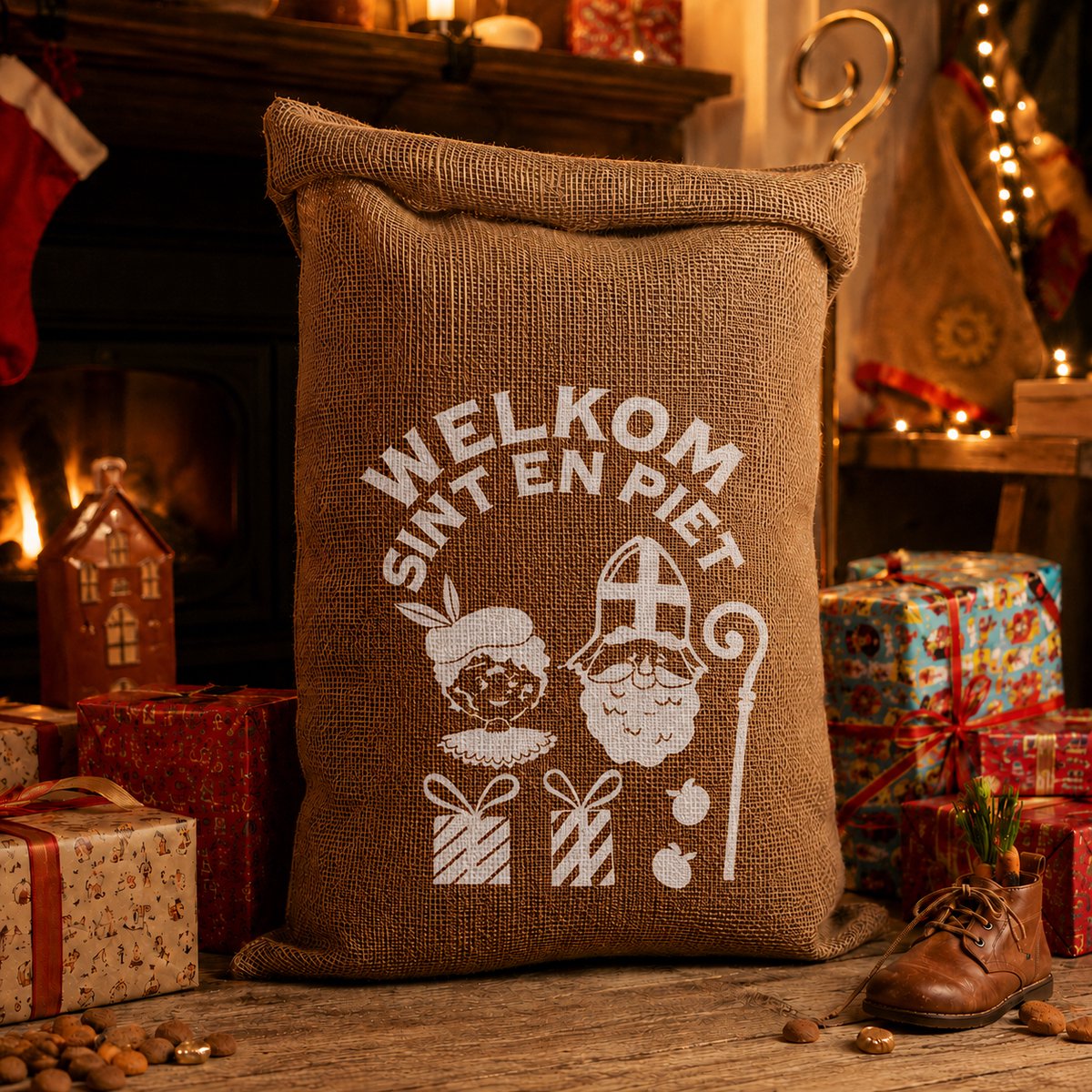 Sinterklaas Jute Zak 60 x 90 cm – Cadeauzak met Opdruk Welkom Sint & Piet – Grote Jute Sinterklaaszak – Herbruikbaar – Feestartikel
