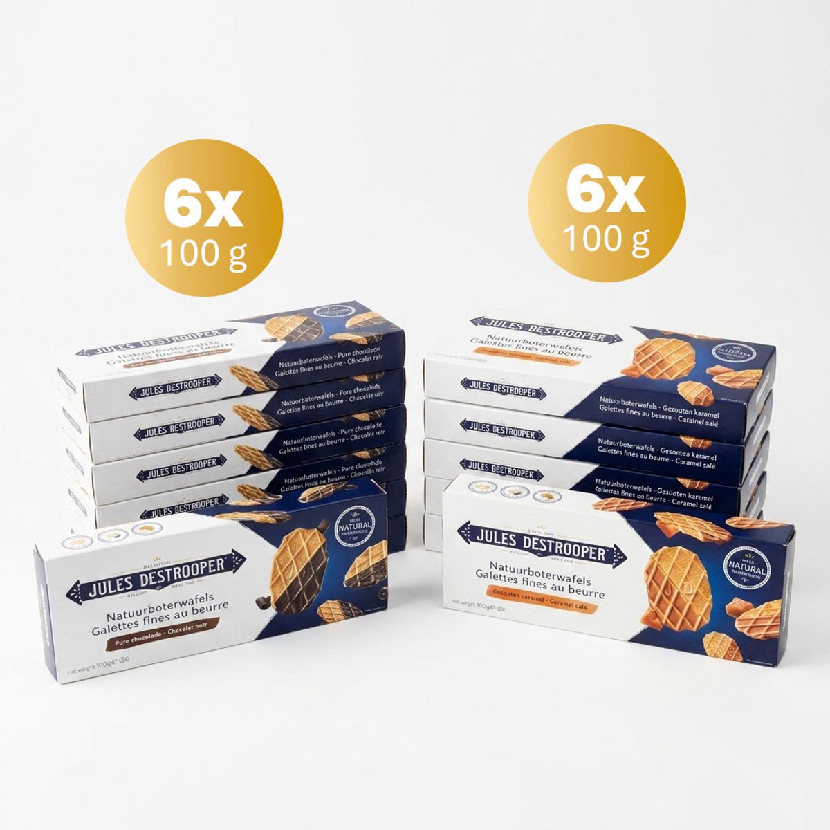 Jules Destrooper Chocolade & Caramel Natuurboterwafel Koekjes 6 st + 6 st - Koffiekoekjes in grootverpakking voor bij de koffie of thee - Assortiment van 12 dozen individueel verpakt - 1,2 kg