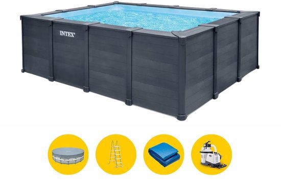Rectangulair Intex zwembad met grijze panelen en blauw water. Inclusief afdekzeil, ladder, grondzeil en filterpomp.