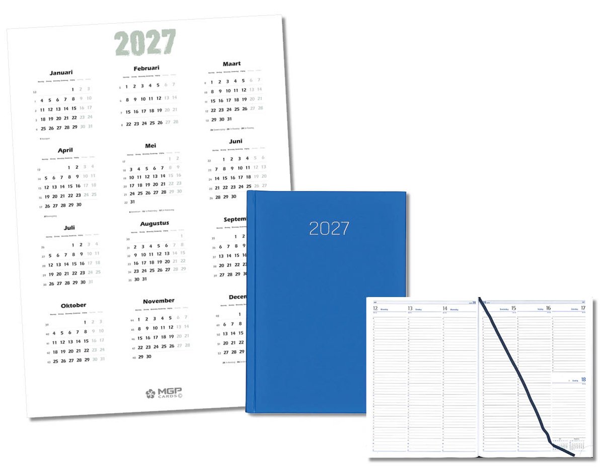 MGPcards - Bureau Week-agenda 2027 - H46 - A4 - 1 week 2 pagina's - Nederlandstalig - Gewatteerde omslag - 21 x 30 cm - Mat Blauw + Jaar kalender - Kalender 2027 - Wandplanner - Jaarplanner - Grote planner - A2 formaat - Poster - 42 x 59,4 cm