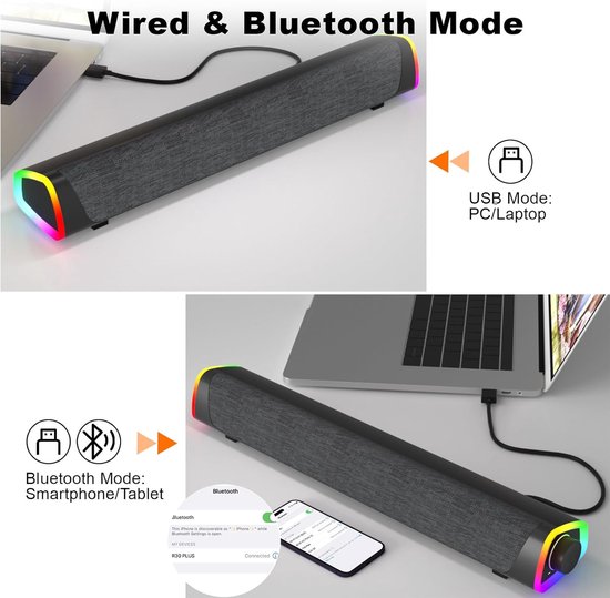 Computerluidsprekers Soundbar - Draadloos Audio - Film Kijken - Kleurrijke LED Verlichting - 30 Graden - Grijs — afbeelding 3