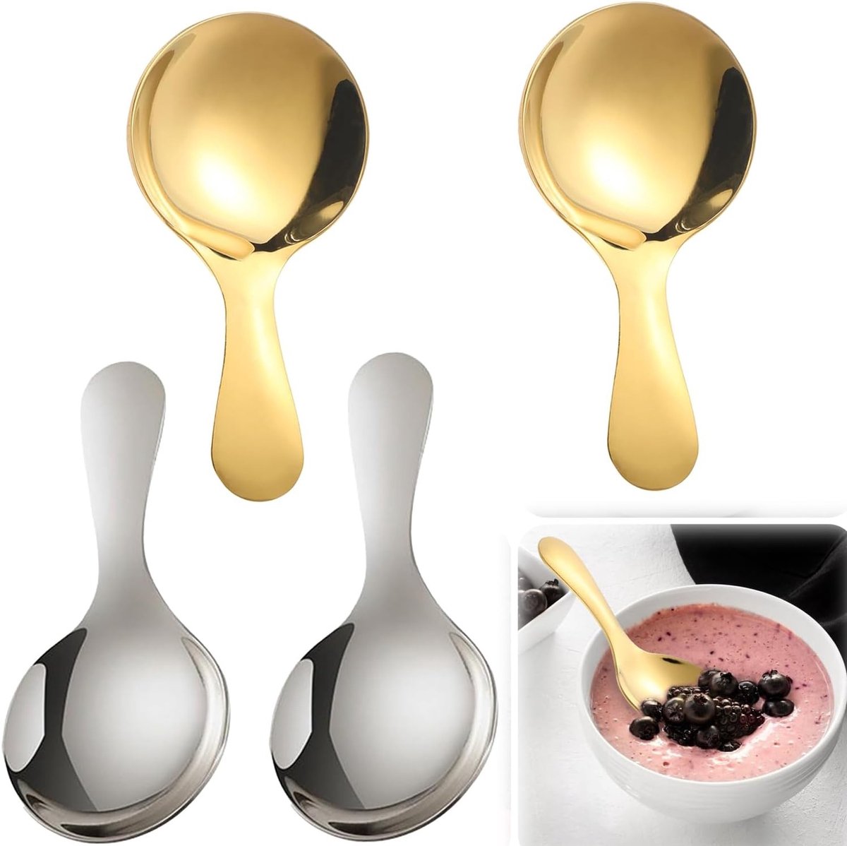 Set van 4 roestvrijstalen theelepels met korte handgreep voor suiker, specerijen en desserts - ideaal voor thee en koffie