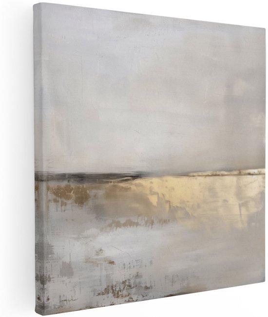 Abstract doek met horizontale lijnen in beige, goud en grijs. Textuur geeft de indruk van een landschap.
