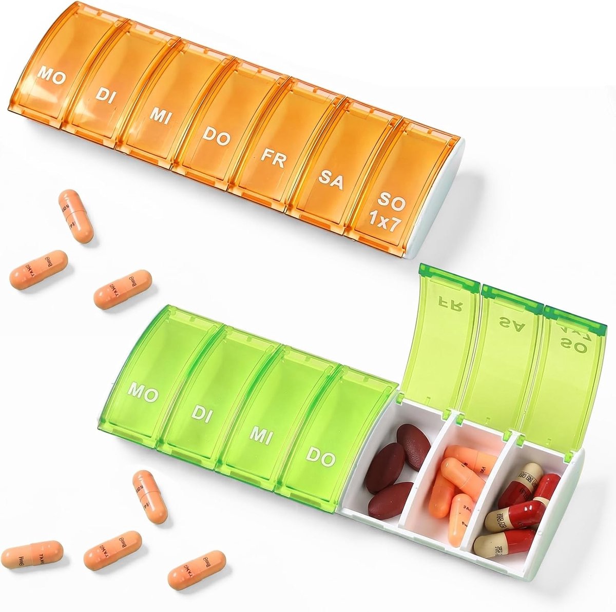 Wekelijkse pillendoos met 7 vakken, afneembaar en draagbaar voor vitamines, medicijnen en supplementen (groen en oranje)