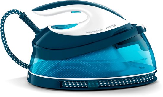 Blauwe Philips stoomgenerator met transparant waterreservoir en witte handgreep op een witte achtergrond.